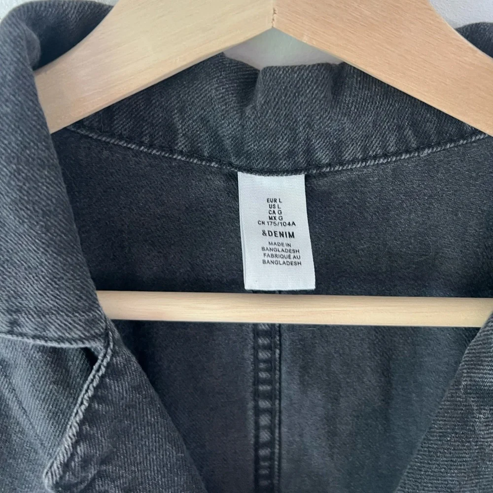 &Denim Washed Black Grey Long Sleeve Button Front Relaxed Fit Denim Jumpsuit - Picture 6 of 11